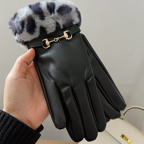 2/$30 Black Faux Leather Gloves with Grey Leopard Faux Fur Trim Gold Accent - Picture 5 of 5